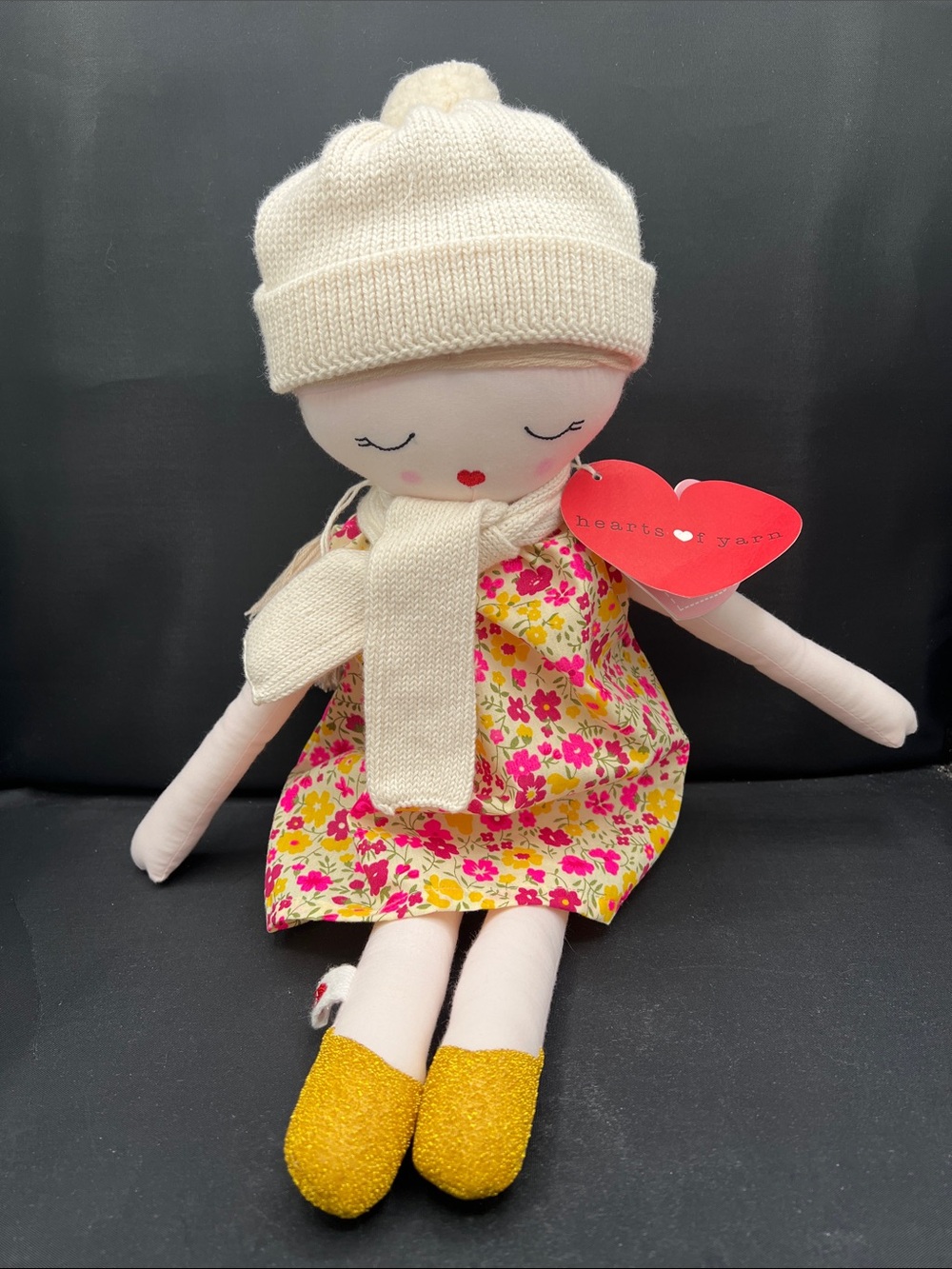 Hearts + Yarn Floral Doll with Cream Knit Hat and Yellow Shoes